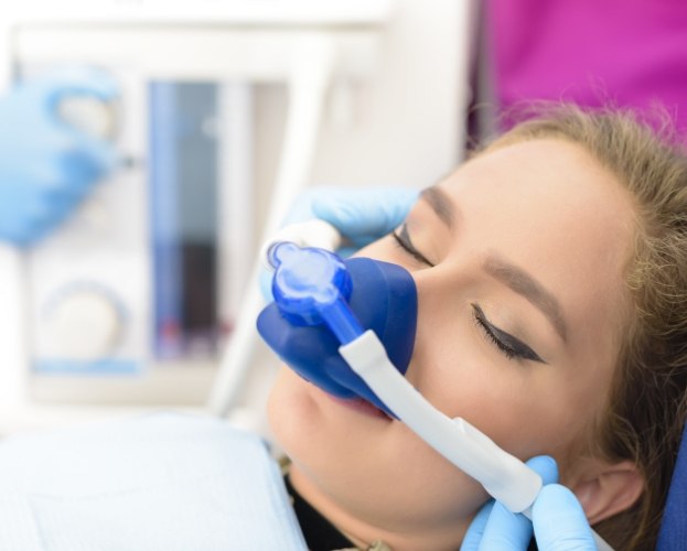 Patient receiving nitrous oxide dental sedation