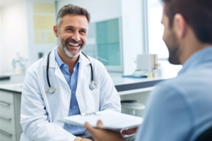 a patient chatting with his dentist